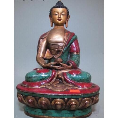 Bi00832 Tibet Bronze Gild turquoise Red coral Sakyamuni Amitabha Buddha Statue