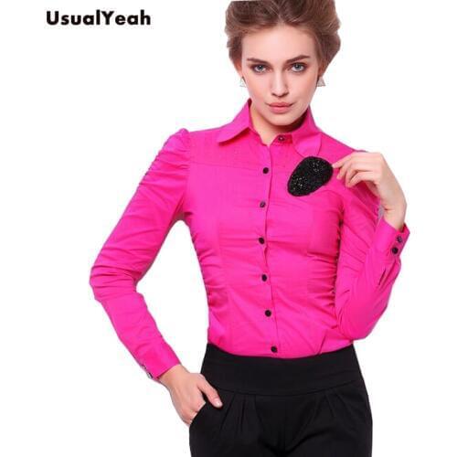 New Women Body Shirt Blouses Slim Fit Turn-down Collar Fashion Beading Corsage design White, dark pink SY0281 S-XL