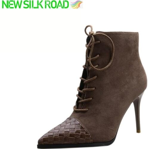 Pointed Toe Stiletto All-Match Black Sexy High Heel Boots Women Trendy Pumps Ankle Suede Short Fur Ladies Booties Zipper Lace-Up