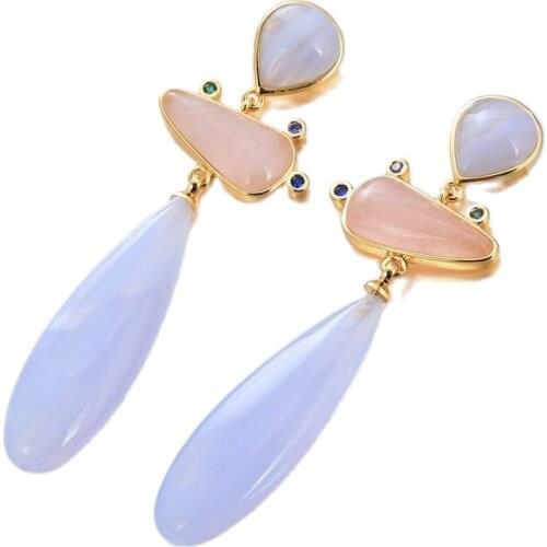 GG Jewelry Natural Blue Lace stone teardrop Chalcedony Pinkstone gold color plated Stud Earrings for women trendy