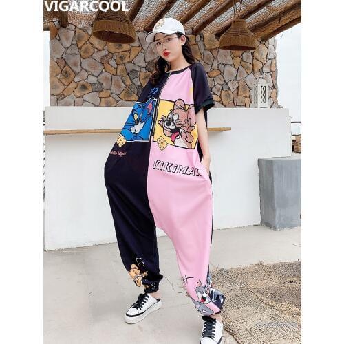 Short-sleeved jumpsuit female 2020 summer new cartoon color matching rhinestone loose thin jumpsuit large size Harlan pants