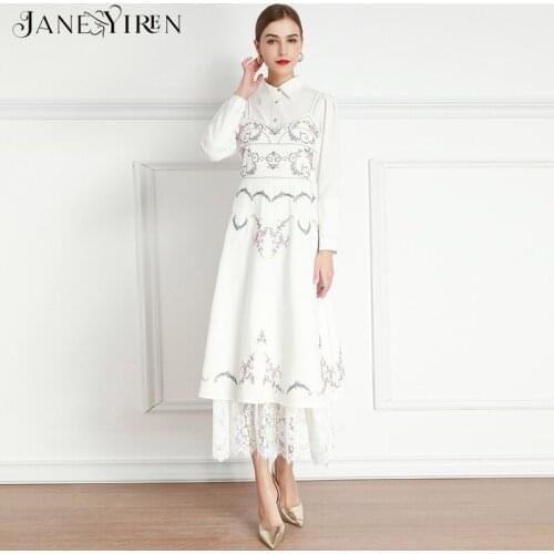 Janeyiren Fashion Set Spring Womens Long sleeve Blouses Tops+Flowers Embroidery Patchwork Lace dress Two-piece set