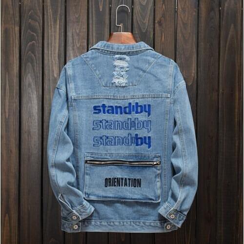 Mens Fashion Ripped Denim Jacket Vintage Washed Embroidery Jean Jacket Patchwork Pocket With Zippers Slim Jacket For Male