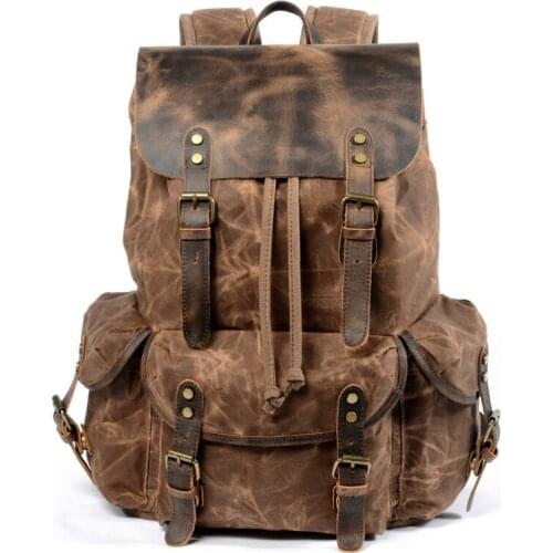 New Casual College Students Backpack Retro Backbag Drawstring Men Oil Wax Canvas and Genuine Leather Bag Vintage Travel Backpack