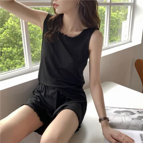 Summer Sexy Sleeveless Two-Piece Black Ice Silk Women Pajamas Set Korean Fashion Kawaii Girl Sleepwear Leisure Loose Home Wear