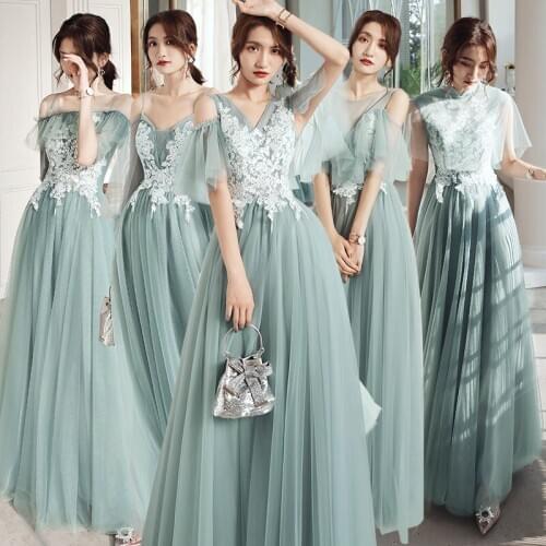 Bridesmaids Dress Illusion O-Neck Lace Luxury Green Embroidery Floor-Length Tulle Off The Shoulder Women Wedding Party Gown E203