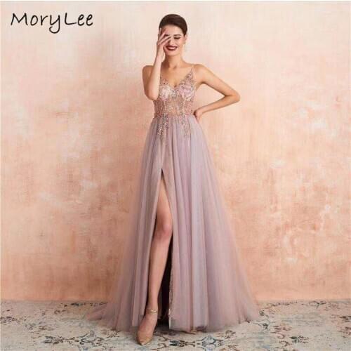 Luxury Evening Dresses V-Neck Spaghetti Straps Crystal Floor Length Soft Tulle Evening Dresses vestidos de fiesta de noche