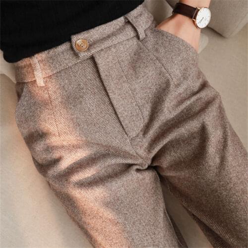 Woolen Pants Womens Harem Pencil Pants 2020 Autumn Winter High Waisted Casual Suit Pants Office Lady Women Trousers