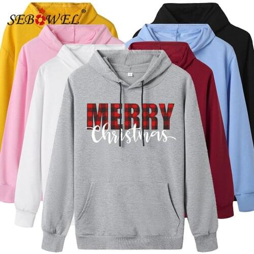 SEBOWEL Merry Christmas Hooded Sweatshirts for Women Long Sleeve Letter Print Pullovers Tops Lady Pocket Drawstring Sweatshirt
