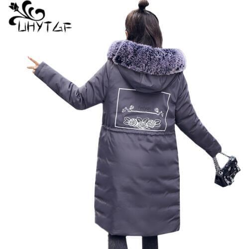 UHYTGF Women Winter Jacket Double-sided wear Down Jacket parka Womans Outerwear Big fur collar Hooded Warm Cotton Long Jacket 19
