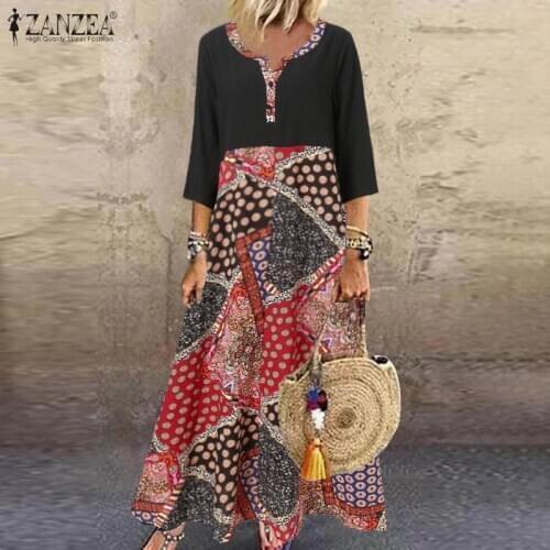 Vintage Printed Dress Womens Patchwork Sundress ZANZEA 2021 Casual Long Sleeve Maxi Vestidos Female V Neck Robe Plus Size 5XL 7