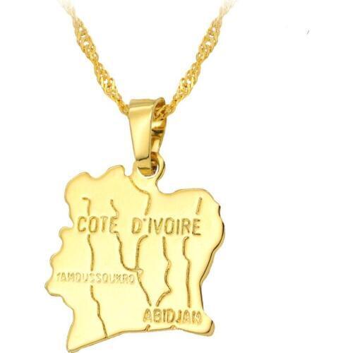 Fooderwerk Jewelry Africa Cote d'Ivoire Map Pendant Necklace Womens Golden Water Wave Chain Clavicle Necklace