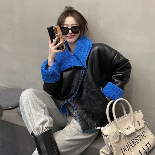 Women 2021 Autumn Winter New Faux Sheepskin Shearling Coat Female Thick Warm Motorcycle Street Soft Lamb Fur Leather Jacket