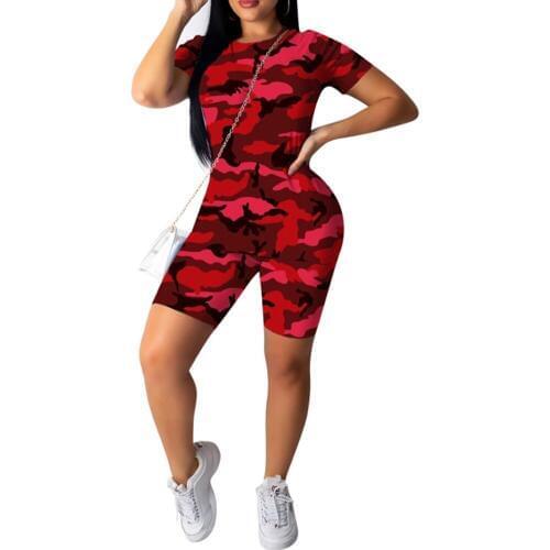 Women Casual 2 Piece Camouflage Outfit, Short Sleeve Print T-Shirts Bodycon Shorts Sets Tracksuits