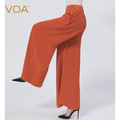 VOA 30m/m Heavy Silk Sand Wash Folds Natural Waist Side Pocket Retro Loose Autumn Wild Wide-leg Women Pants Office Lady KE595