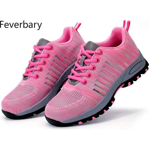 Feverbary Women Safety Steel Toe Cap Shoes Anti Smashing Work Boots Breathable Outdoor No-Slip Hiking Trainer