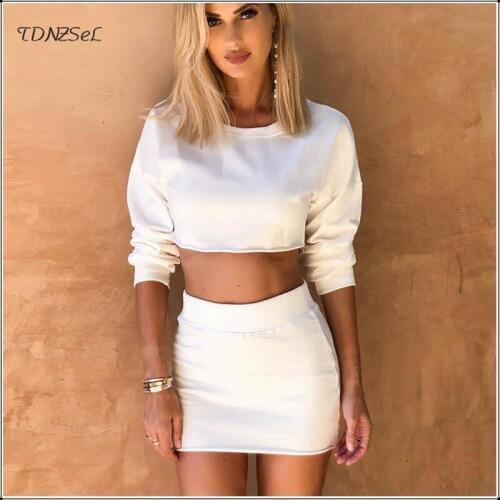 Sexy Crop Top Mini Skirt 2 Two Piece Sets Solid Color Warm Women Long Sleeve Short Sweatshirt Elastic Waist Hot Skirts Twin Sets