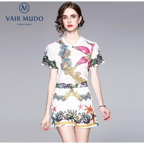 Women Suit New European Station Round Neck T-Shirt With Short Sleeves and Fashion Print Short Suit Pullover Female Floral Y-138