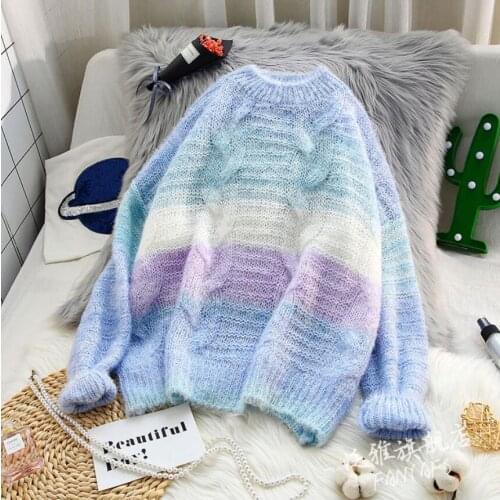 2020 New Mohair sweater Round Neck womens thin loose pullover lazy style hollow knit top Blue Chic Tops S-2XL
