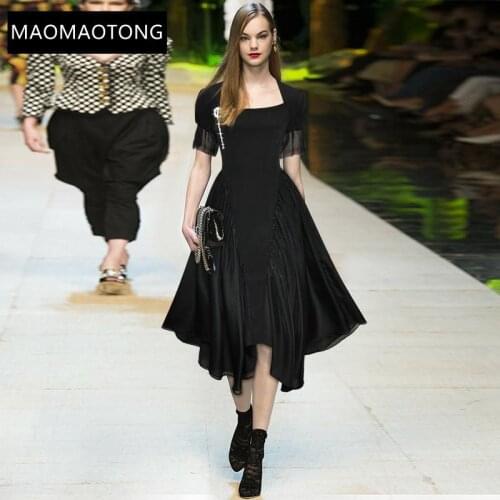 Fashion Runway Designer Summer Party Dress Womens Square collar Puff sleeve Brooch Asymmetrical Black Midi Dress
