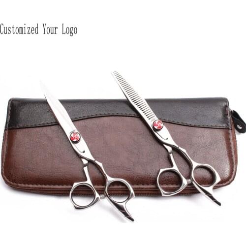 1Pair 5.5" 440C Engraving Logo Barber Makas Straight Scissors Thinning Shears Professional Hair Scissors Hairdressers Set C9017
