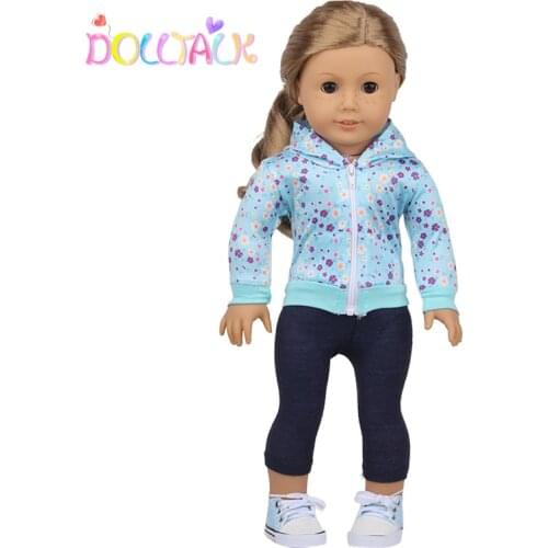 2 Pcs/Set Baby Kid Birthday&Festival Gift Blue Floral Jacket + Pant Clothes Fit 18 inch American Dolls For Girls Gift
