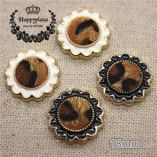 30PCS 18mm Flower Golden Circle Leopard Print Fabric Surface Plastic Flatback Button DIY Decoration Sewing Craft Scrapbook