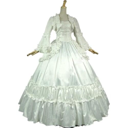 White Period Victorian Gothic Ball Gown Satin Reenactment Dress Cosplay Customes