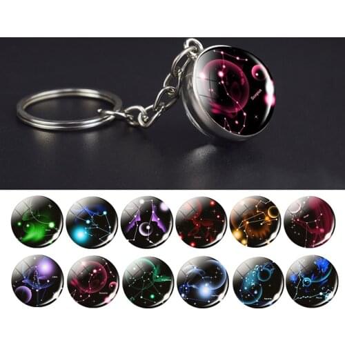 Zodiac Sign Keychain Keyring 12 Constellation Double Side Glass Ball Key Chain Astrology Jewelry Bag Pendant