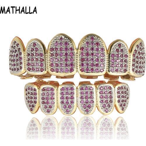 MATHALLA HIP HOP Grillz Gold Tooth Purple AAA CZ Micro Pave Top and Bottom Grillz Christmas Gift Women Jewelry