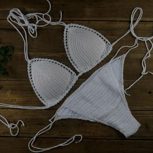 Cotton Crochet Bikini Set Sexy Bra Bikini Women Bathing Suit Side Tied Swimsuit Halter Push Up Bandage Swimwear Beachwear