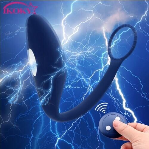 IKOKY 10 Frequency Penis Ring Anal Plug Vibrator Sex Toy Male Electric Shock Prostate Massager Vibrator Wireless Remote Control
