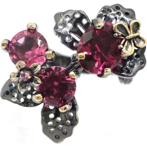 29x26mm New Statement 11g Neo-Gothic Flowers 11g Pink Tourmaline Black Gold 925 Sterling Silver Rings Punk Style