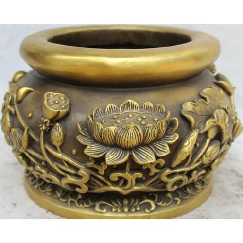 Collectible bronze S2037 10" Chinese Buddhism Brass Buddha lotus flower leaf Incense Burner Censer Pot
