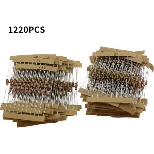1220pcs 1/4W 5% Carbon Film Resistors Kit 0.33 Ohm - 4.7M Ohm 122 Values Metal Resistors with Individually Labeled
