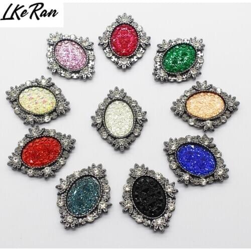 LKERAN 24*33mm 10pcs Bling Crystal resin black Metal button floral center Flat back Scrapbooking DIY decorative buttons for Craf