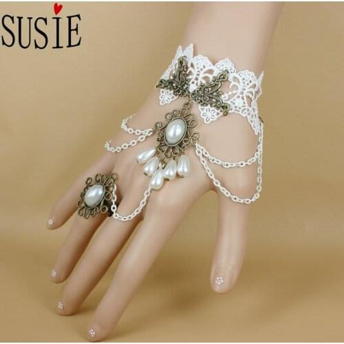 LOVE SUSIE Women Bracelet With Ring Lace Chain Gothic Style Pearl Hand Accessories Party Retro Jewelry Gifts