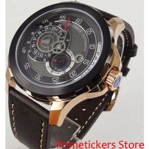 Rose golden case PARNIS 44mm black dial sapphire glass automatic movement mens watch