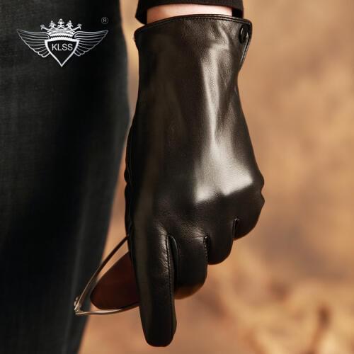 KLSS Brand Genuine Leather Men Gloves High Quality Goatskin Gloves Fashion Trend Black Driving Glove Winter Plus Velvet 08-1