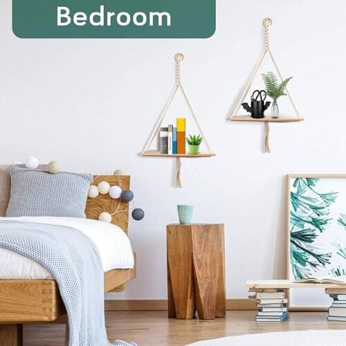 MLGB Hanging Shelves for Wall 2 Pack Wooden Floating Shelf Plant Hanger with Handmade Macrame Weaving Boho Wall Decor