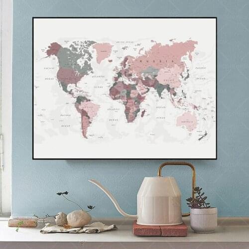 Big Size New World Map Canvas Print Blush Pink & Hunter Green Map of The World Poster Wall Art Picture Painting Decor Unframed