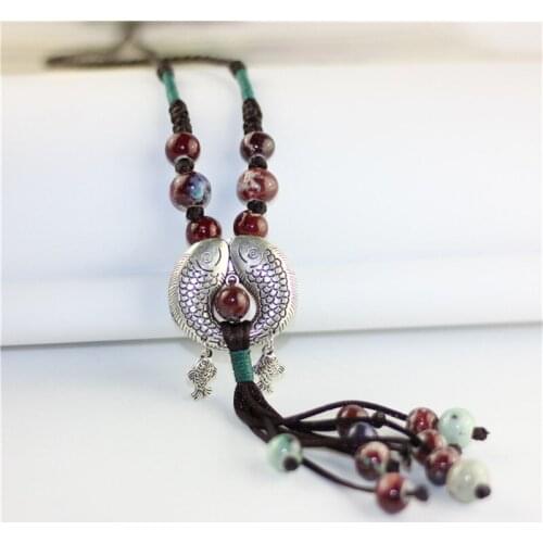 2021 TAFREE ethnic style necklace Nepal handmade fish pendant necklace sweater Black cord chain accessories jewelry