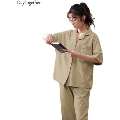 Summer Cotton Pajamas For Women knitting Short Sleeve Large Size Womens Sleepwear Color Blue Pink Female 2-PieceSuit Nightgown