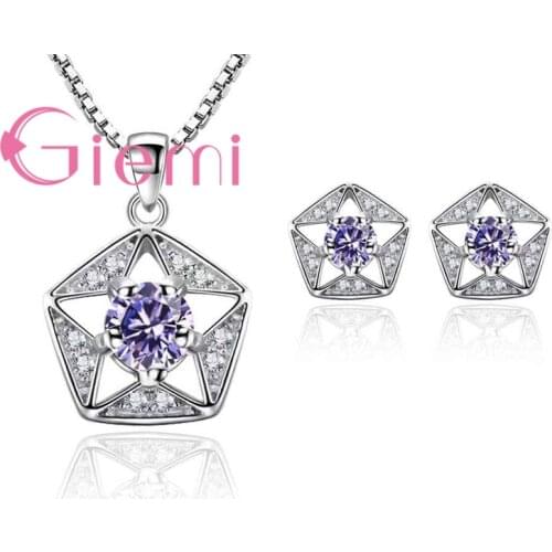 Five-pointed Star Shape Pendant Earring&Necklace Jewelry Sets Silver CZ Wemon Engagement Wedding Jewelry