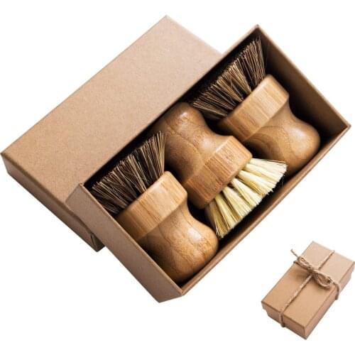 Palm Pot Brush- Bamboo Round 3 Packs Mini Dish Brush Natural Scrub Brush Durable Scrubber Cleaning Kit with Union Fiber