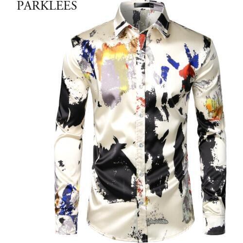 Silk Satin Shirt Men Luxury Print Mens Dress Shirts Casual Button Down Wedding Party Prom Shirts Slim Fit Chemise Homme Camisa