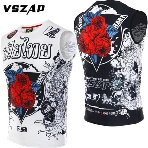 VSZAP Rose Boxing Sports T Shirt Muay Thai Fighting Fitness Elasticity Shirt Sleeveless Boxing Clothing Muay Thai Shorts MMA