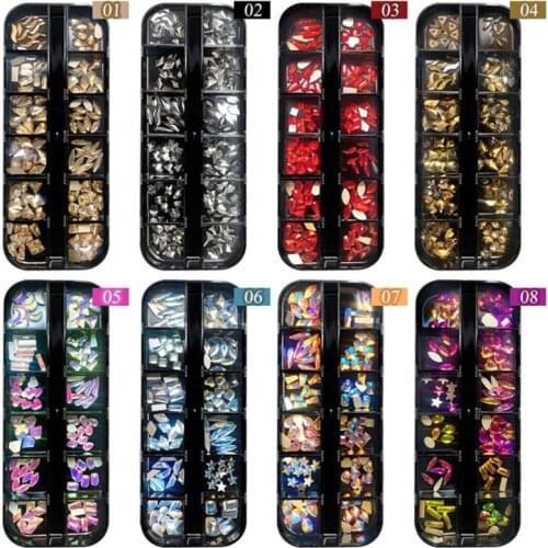 R3MF 12 Grids Glass Nail Art Decorations Multi-Shape for Nails Ornaments Manicure Tips Decor DIY Crafts Accessories for Salon