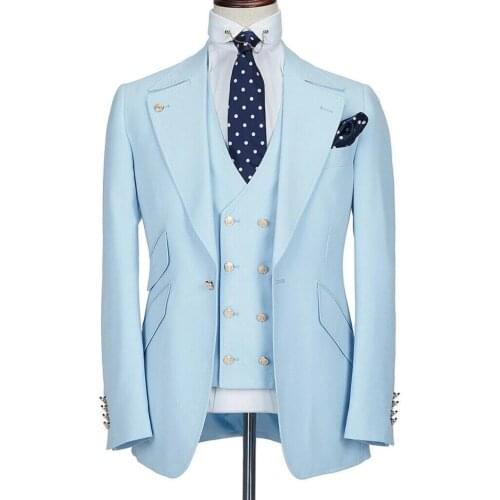 Light Blue One Button Men Suits Wedding Dress Slim Fit Costume Homme Groom Suits Tuxedos 3 Pcs Party Prom Terno Masculino Blazer