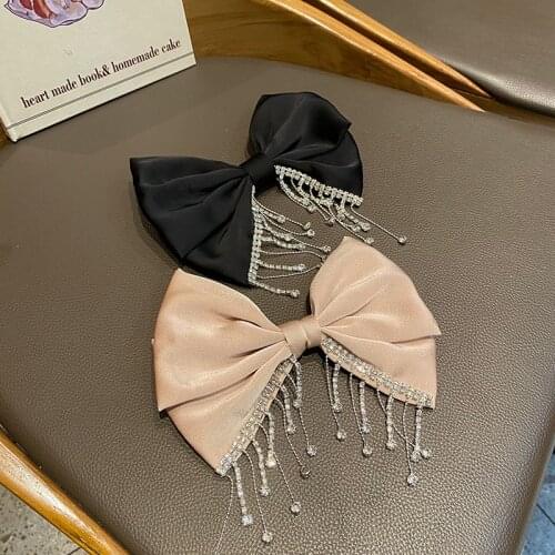 Fabric Bow Hairpins Crystal Rhinestone Tassel Chain Hair Clips Fashion Jewelry Hairgrip Korean Hair Accessories for Women Girls